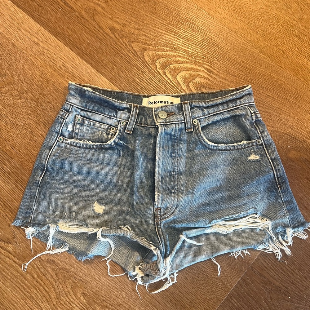 Reformation Blue Jean Shorts with Distressed Raw Hem